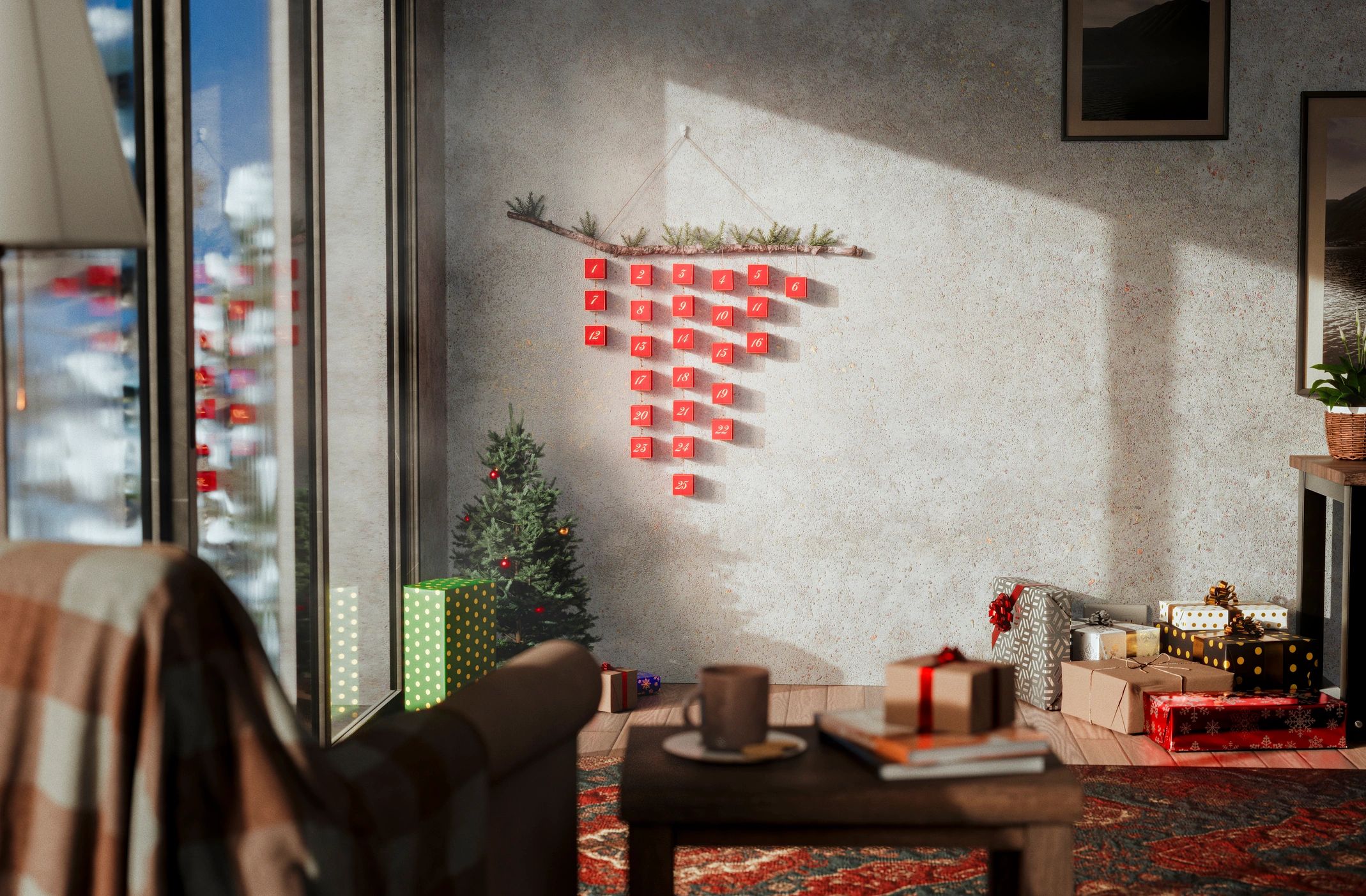 Cozy seasonal gift display in a warm living room